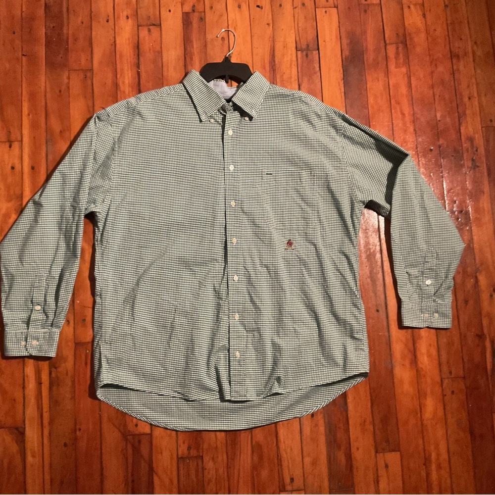 Vtg Tommy Hilfiger Men Button Down Shirt Long Sleeve Green Plaid Crest Logo  XXL